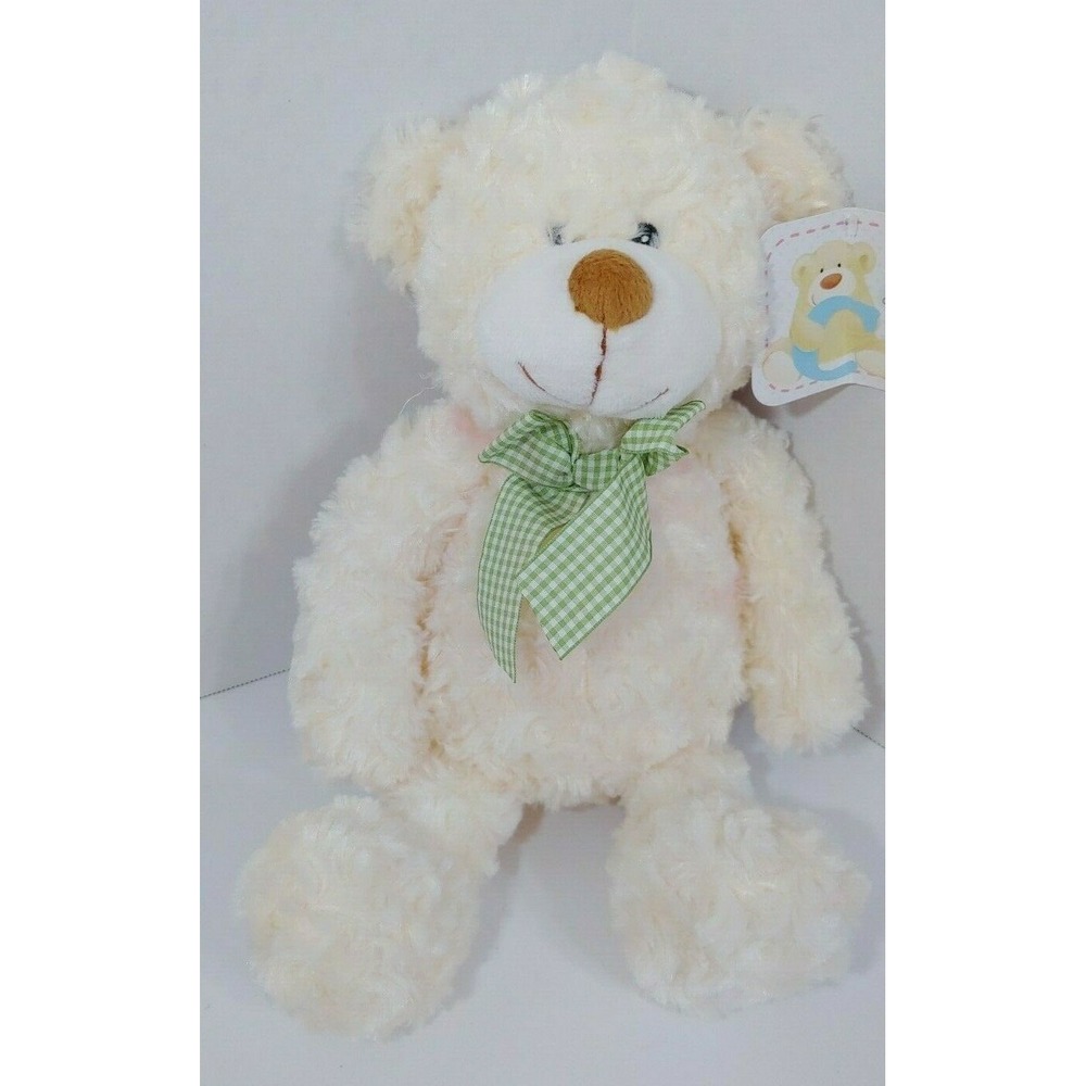 Chosun baby cream pink swirled plush teddy bear green gingham checked bow w/ tag